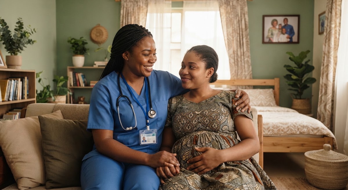 A nurse-midwife comforts a pregnant mother at home