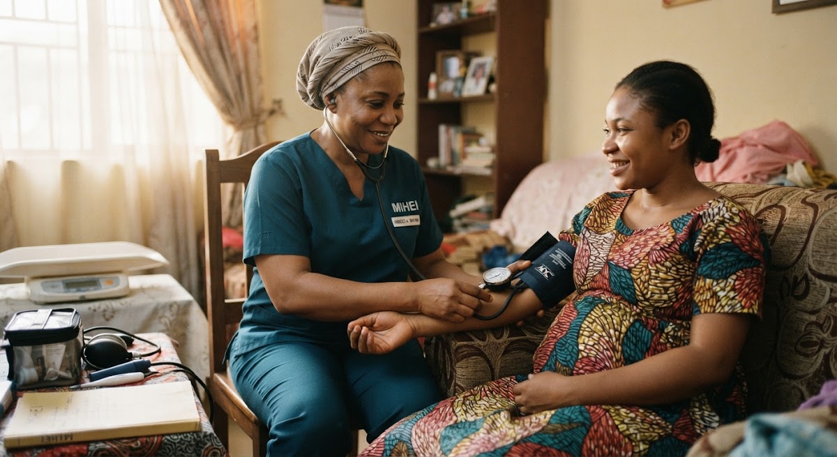 A nurse-midwife checks a pregnant mother's health during a home visit