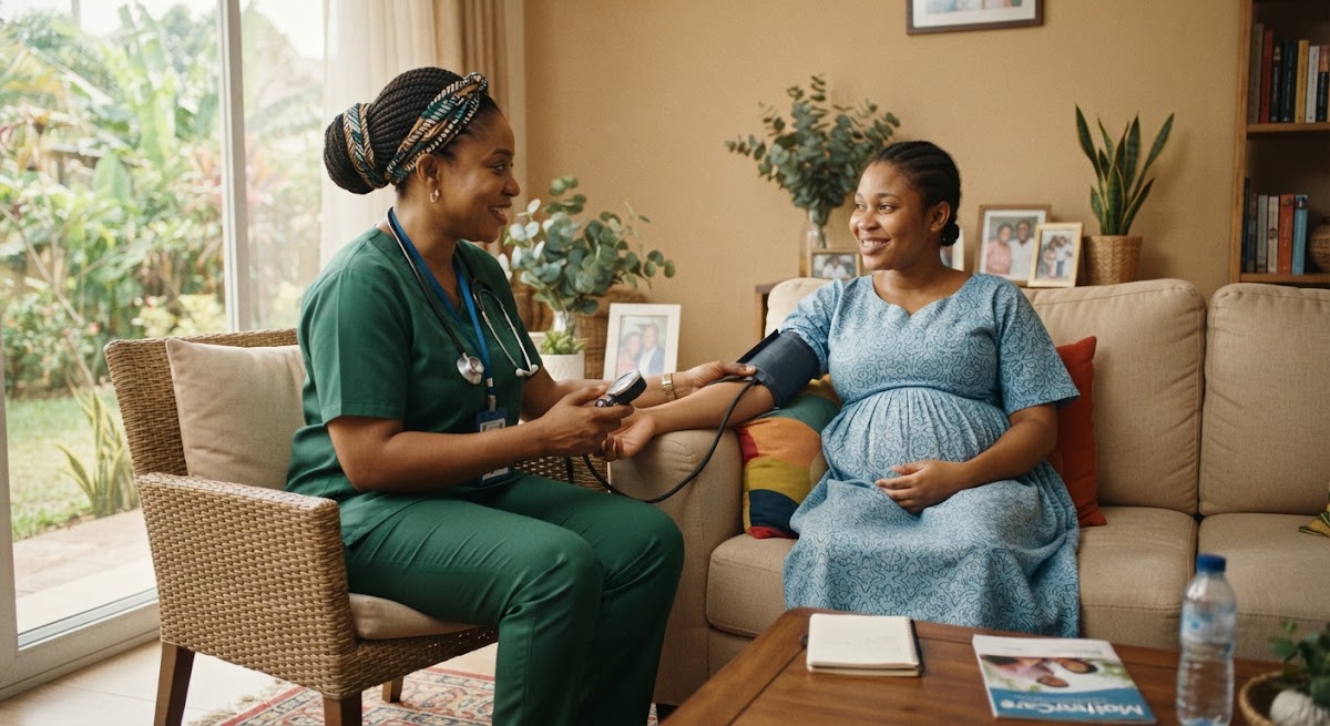 A nurse-midwife checks an expectant mother's blood pressure at home