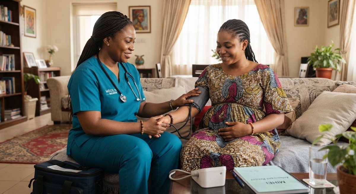 A midwife visits an expectant mother at home