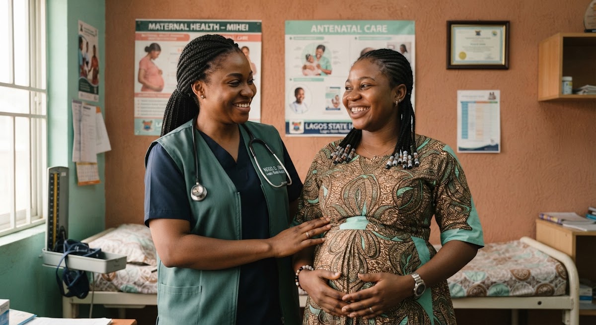 A nurse-midwife with an expectant mother at home
